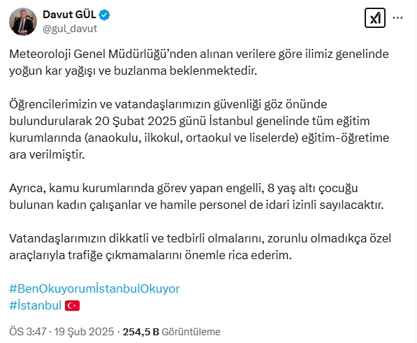 İstanbul kar tatili haberi Davut Gül açıklama